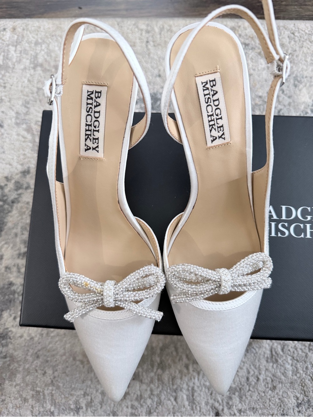 Badgley Mischka White Satin Georgia Pointed Slingback Pumps